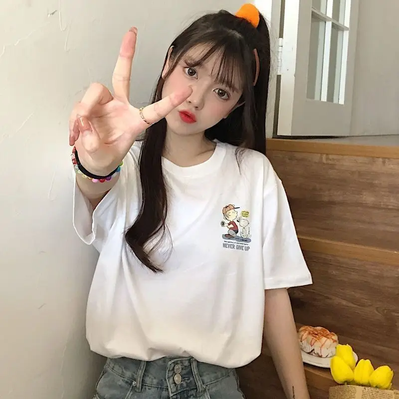 2026 Snoopy Printing Cotton T-Shirt Anime Women Short Sleeve Tees Summer Loose Men and Women Korean Harajuku Couple Tops Shirts