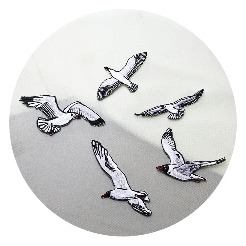 White Flying Seagull Iron on Patches Ocean Theme Embroidered Clothes Decorative Stickers Small Hole Filling DIY Back Adhesive