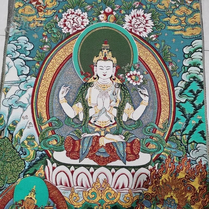 Four-Armed Avalokiteshvara Thangka Embroidery Tibetan Buddhism Silk Buddha Decorative Painting Wall Decor
