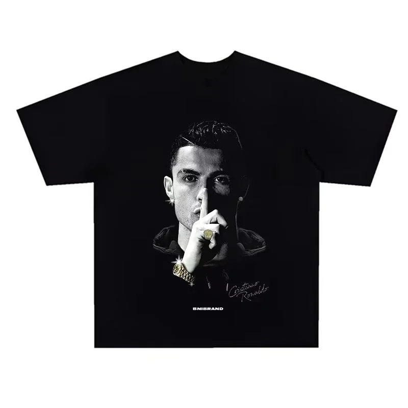 

2025 Summer Cristiano Ronaldo Football Superstar Super Fashion Printed Short Sleeve T-shirt Men Distress Cotton Women Tshirt
