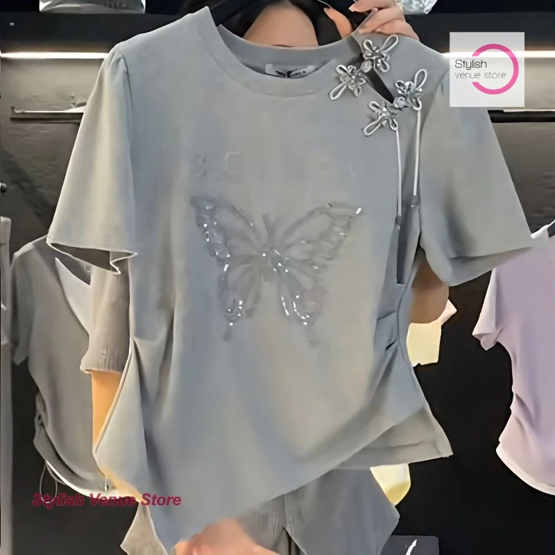 

New Chinese round neck buckle bow short sleeve T-shirt women's summer fashion temperament relaxed casual Joker shirts for women