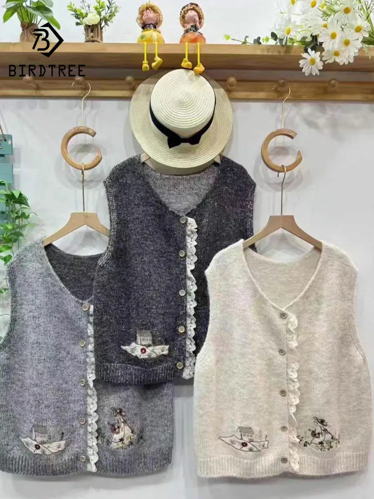 

New 2025 Winter Cotton Vest, Women V Neck Embroidery Lace Patchwork, Mori Girl Preppy Style Knit Sweater Cardigan Vest T5D319CC