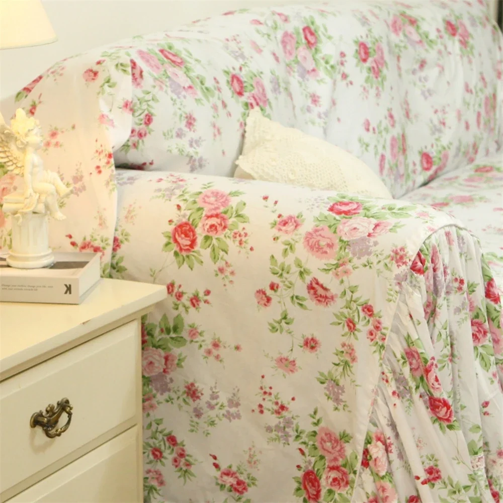Korean Princess Style Sofa Cover Powder Rose Garden Lace Pure Cotton Sofa Towel Home Decoration Pastoral Style Sofa Cover