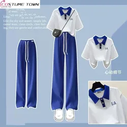 2023 Spring/Summer New Set Female Student Korean Loose College Style Polo Neck T-shirt+Wide Leg Pants Two Piece Set Fashion