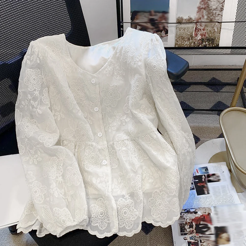 Sweet French Women Long Sleeve Shirts Lace Female Cute Tops Blouse  Ruffle Blouse Long Sleeve White Button Down Elegant Shirt