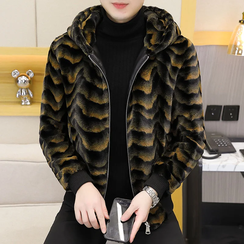 2022 Winter Faux Fur Mink Jackets Men Thicken Warm Imitation Fur Hooded Coat Slim Casual Business Social Jackets Men Clothing