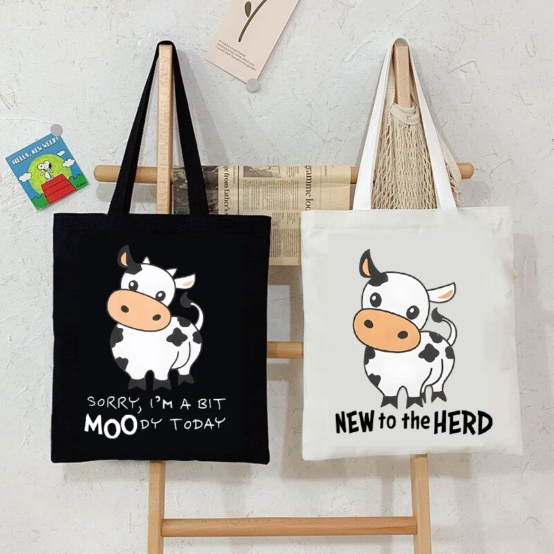 Canvas Tote Bag Sorry I'm A Bit Moody Today Print Student Shopping Bag Cartoon Cow Graphic Casual Handbag Side Bag for Ladies