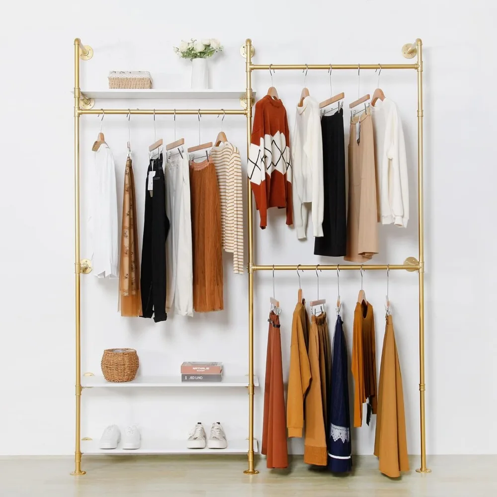 

Heavy Duty Industrial Clothing Rack - 3-Tier Wall Mounted Garment Rack with Wood Shelves, Golden Pipe Closet Storage Organizer f