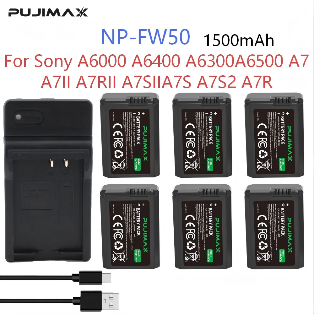 

PUJIMAX 1500mAh NP-FW50 NPFW50 Li-ion Battery for Sony ZV-E10 A7 A7R A7RII A7II A7SII A7S a6300 a6400 a6500 RX10 Series& Charger