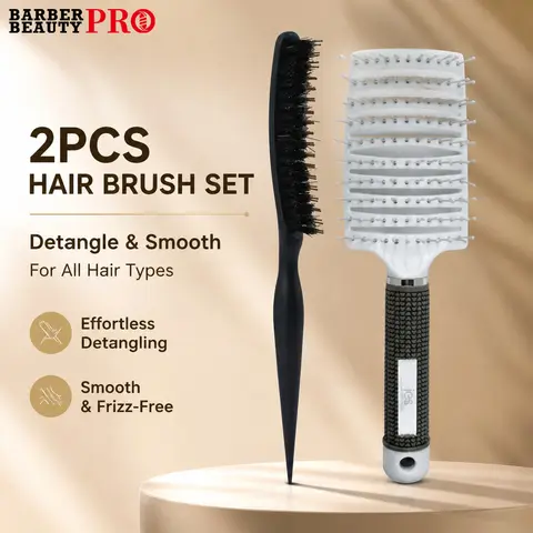 2Pcs Hair Brush Set Professional Boar Bristle Teasing Brush Curved Vent Fast Dry Detangler Comb Volumizing Styling Tools