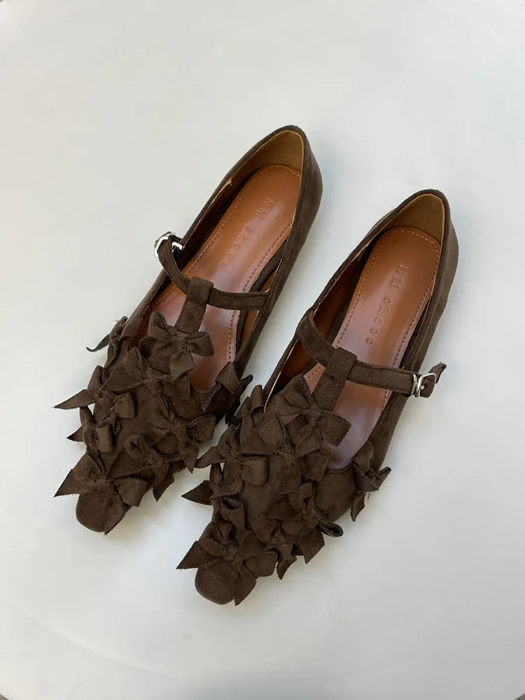 

Туфли-лодочки с бантом и Т-образной застежкой, на плоской подошве, с острым носком, коричневые, в стиле ретро, женские, элегантные, повседневные, без застежек