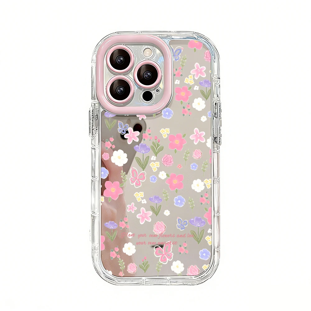 Niedliche Wildblumen- und Unkraut-Motiv Air Cushion Spiegel Handyhülle für iPhone 17 15 14 16 Pro Max 13 12 11 Pro XR XS 7 8 Plus 17Air Girl Cover – Detail 17