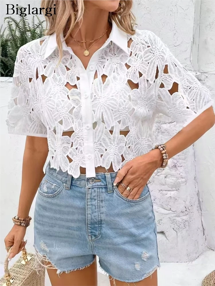 

Summer Shirts Women Flower Embroidery Hollow Out Fashion Ladies Cropped Blouses Casual Loose Short Sleeve Woman Shirt