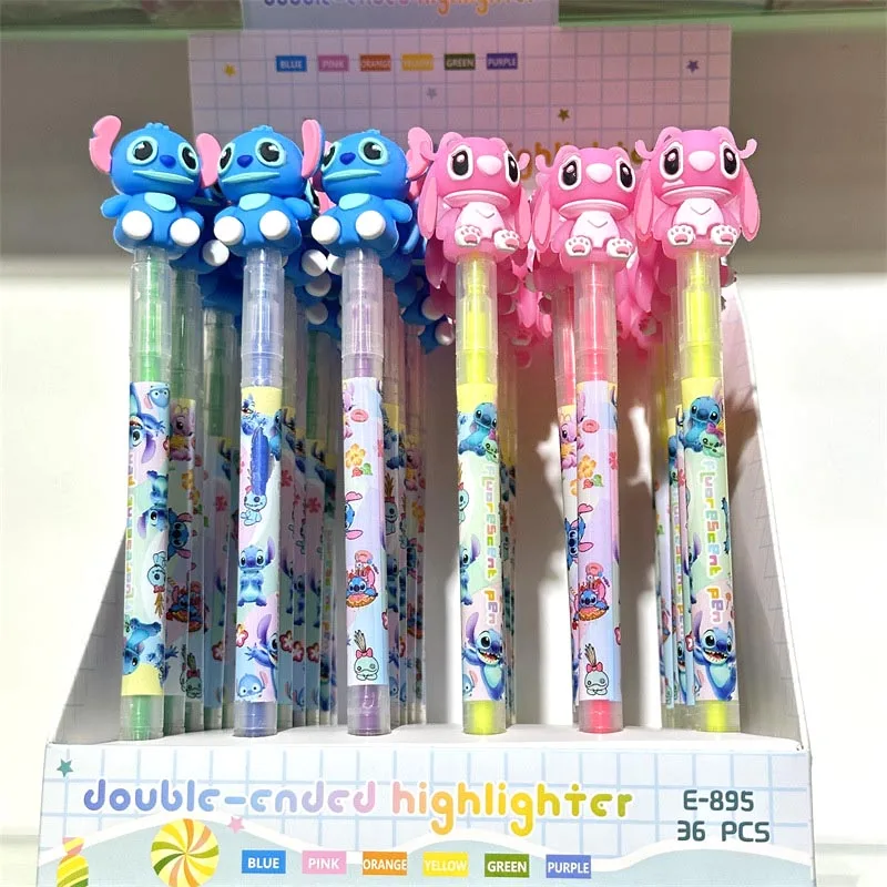 36pcs/lot Disney Stitch 6 Colors Gel Pen Double Head Highlighter Pens Promotional Gift Office School Writing Supply