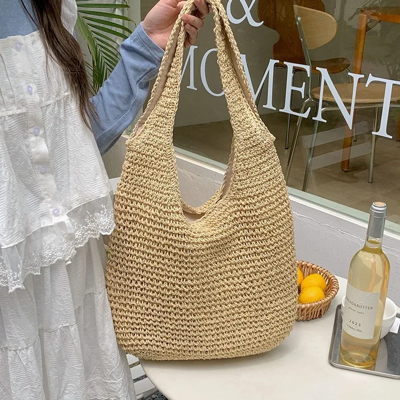 Sac à main tissé en paille pour femmes, décontracté, de grande capacité, fait à la main, pour la plage, en rotin, sacoche, fourre-tout, pour dames