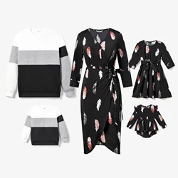 PatPat Family Matching Color-Block Sweatshirt and Feather-Print Overlap Chiffon Dress Sets