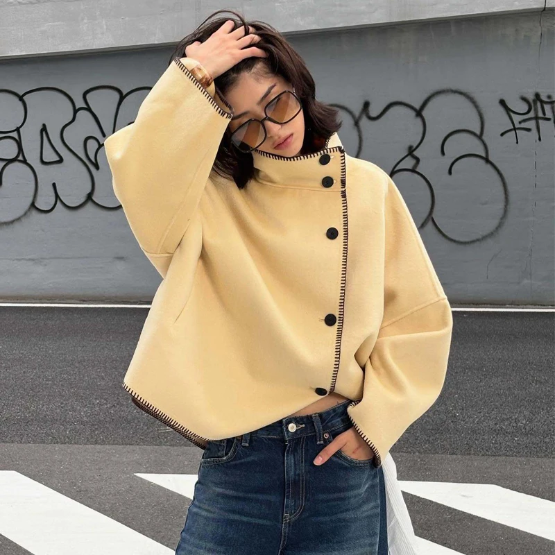 Woman high-neck Faux Wool Coats Cropped Plush Jacket Women Loose Warm Winter Women's Coats Asymmetric Hairy Coat Outerwears