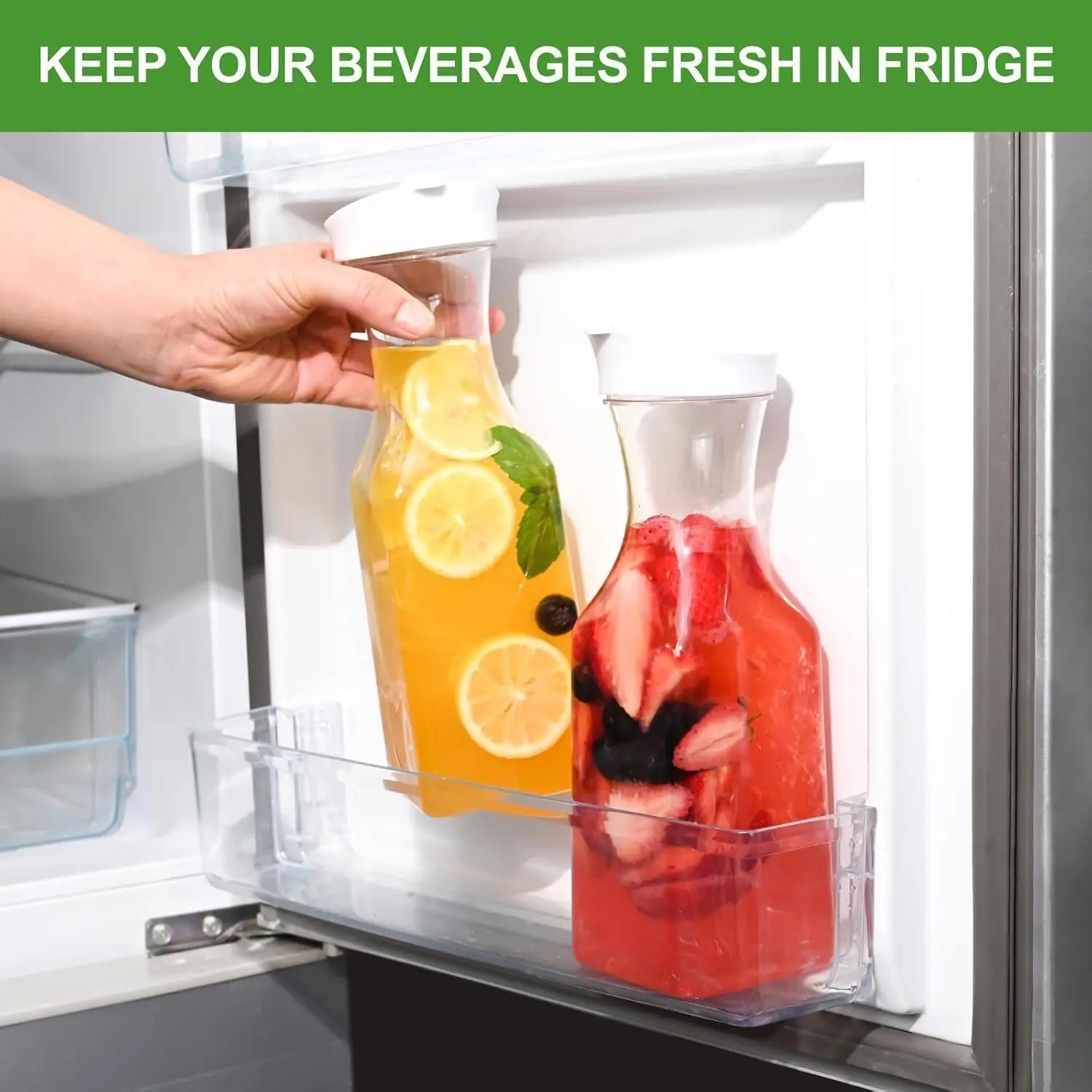 4 عبوات من البلاستيك سعة 1 لتر مع أغطية - أباريق مشروبات شفافة بقاعدة مربعة - للعصير والماء والحليب والميموساس - حاويات تخزين الثلاجة