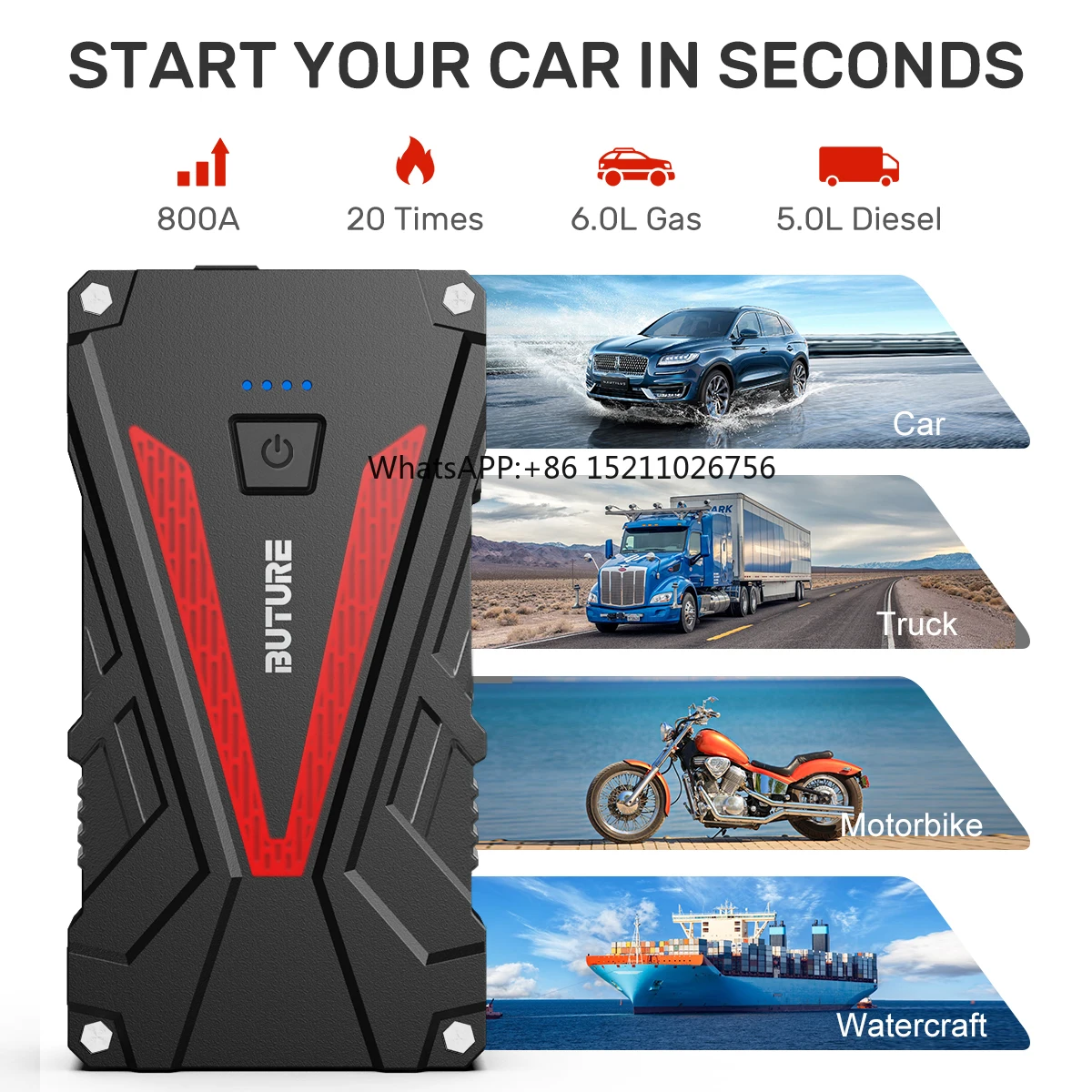 Buture Car Booster Multi-function Emergency Tools 1500A 2000A  Peak Current LED Flashlight Power Bank Car wholesale Jump Starter