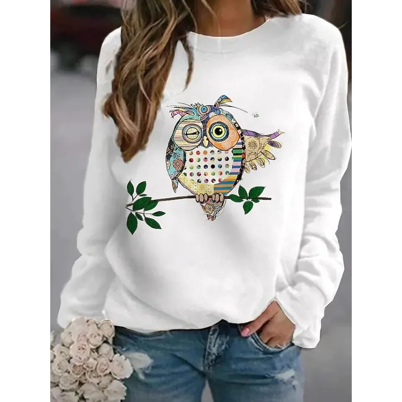 Crew-neck Hoodie Fashion Print Instagram Owl Pullover Base Sweatshirt Streetwear Women Clothes Sweatshirts