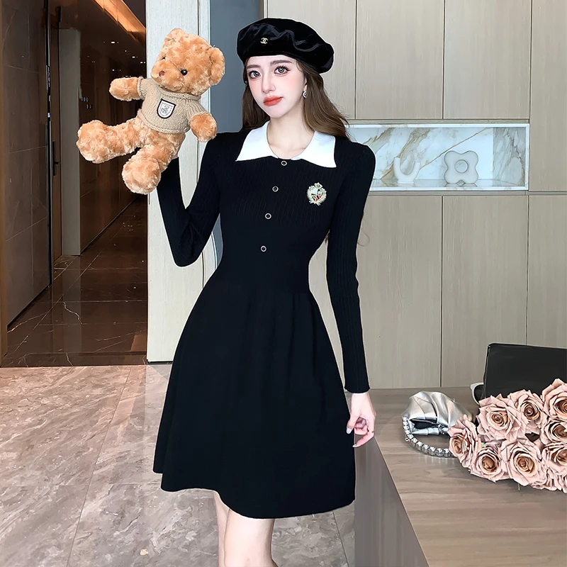 여성 섹시 라펠 싱글 브레스티드 턴다운 칼라 우아한 긴팔 바디콘 니트 베스티도 가을 슬림 A라인 스웨터 드레스