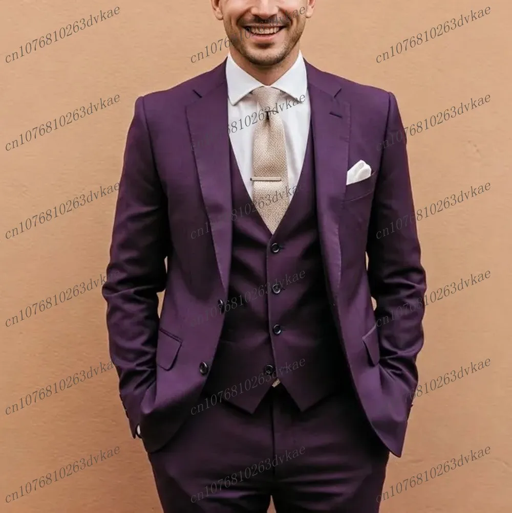 

Dark Purple Formal Men Suit Groom Groomsman Wedding Party Prom Business Male Tuxedos 3 Piece Set Blazer Vest Pants Customized