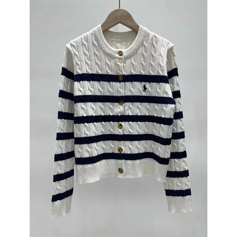 Autumn Winter Vintage Stripe Knitted Cardigan Women Sweater Fashion Knitted Chic Embroidery Knitwear