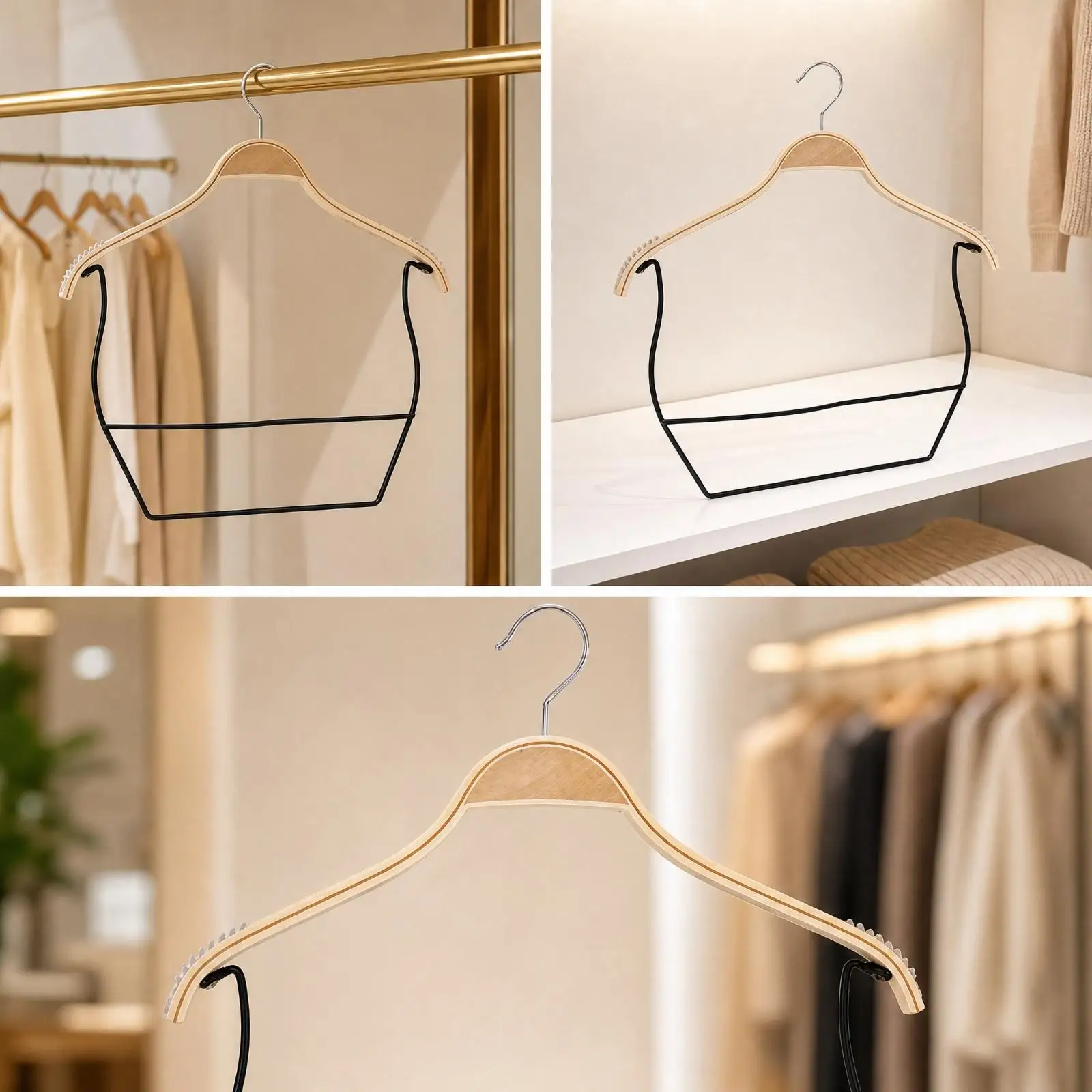 Smooth Finish Wooden Clothes Hanger for Women with Built in Pants Bar Notched Shoulders for Kitchen Laundry Organization