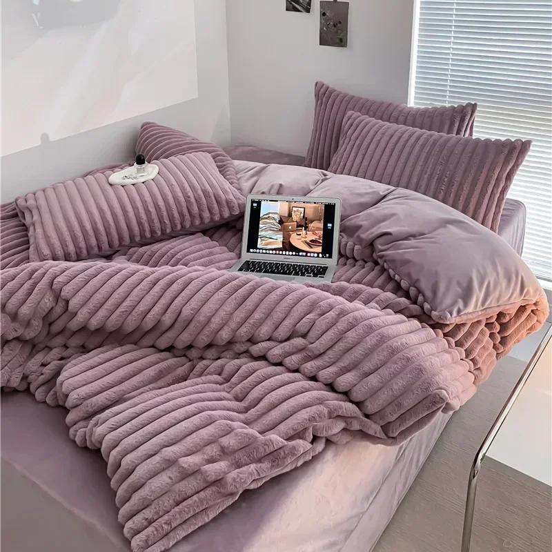 Soft Rabbit Velvet Plush Duvet Cover Set with Bed Sheet Pillow Covers Furry Winter Super Warm Luxury Milk Fleece Bedding Set