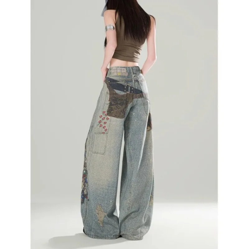 

Retro Fashion Print Women's Jeans Casual High Waist Slimming Loose Wide Straight Leg Floor-Length Pants Spring Autumn New Style