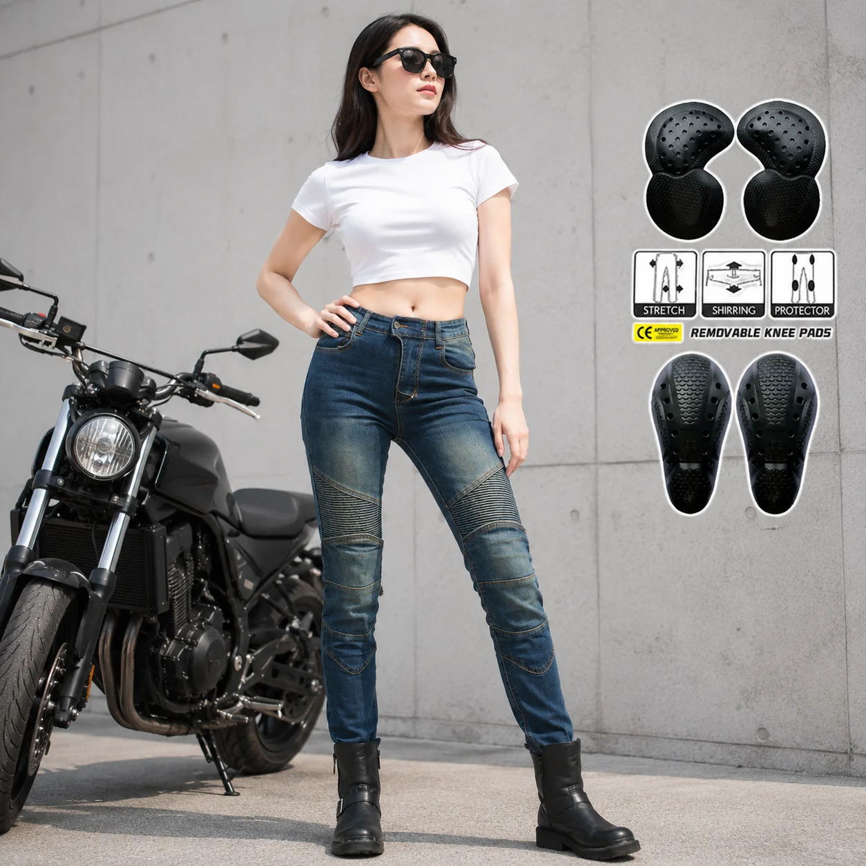 

Women Retro Distressed Motorcycle Riding Jeans Stretch Casual Wear-Resistant CE Protective Anti-Fall Biker Pants