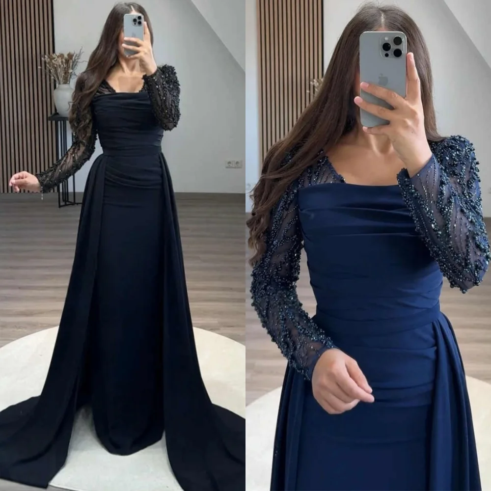 

Customized Modern Blue Jersey Evening Dress Exquisite Strapless Long Sleeves Celebrity Gowns High Quality Special Occasion Gowns