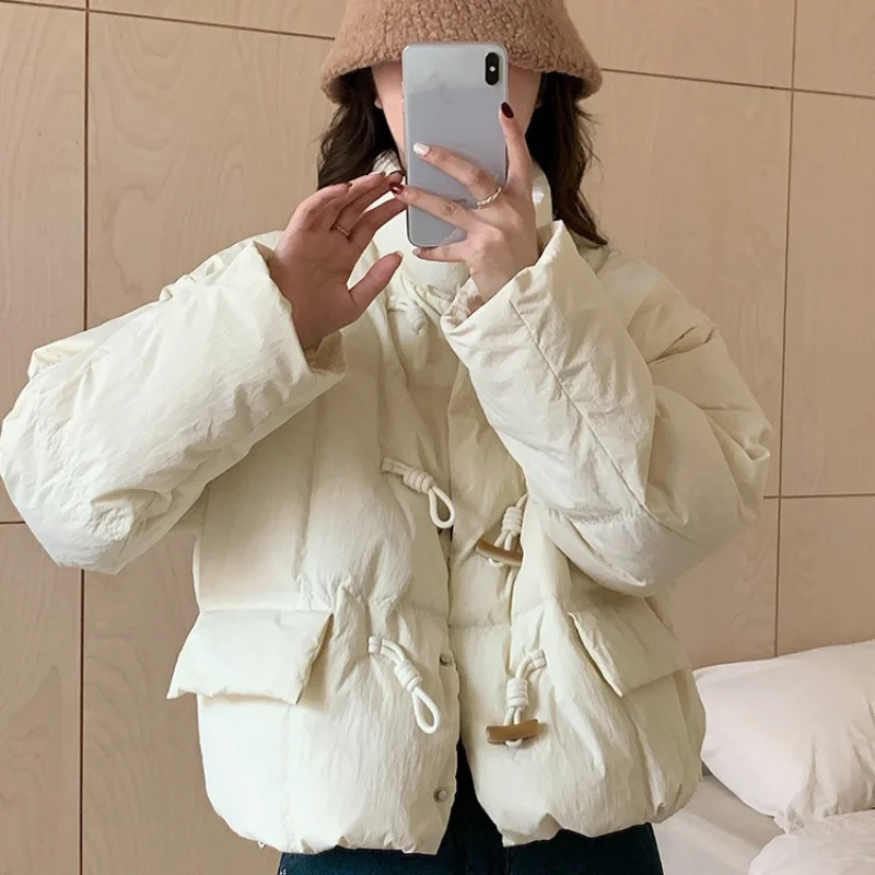 Short Down Jackets for Women, Female Outerwear Loose and Warm Windproof Thick Neck Horn Button Korean Fashion, Winter, New, 2024