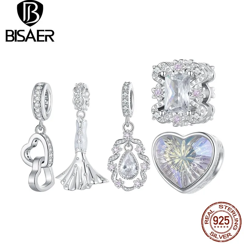 

BISAER 925 Sterling Silver Shining Heart Rose Charm Bead Wedding Dress & Ring Pendant Fit Valentine's Day Bracelet Fine Jewelry