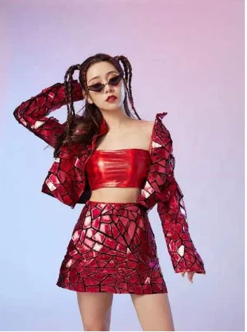 

Lady Purple Blue Sliver Red Laser Mirror Sequins Top Dress Outfit Nightclub Singer Dancer Party Birthday Prom Stage Show Costume