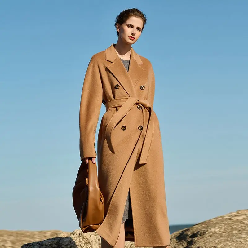 

2025 двустороннее шерстяное пальто женское осенне-зимнее длинное пальто выше колена в британском стиле Одри Хепберн миниатюрный плащ