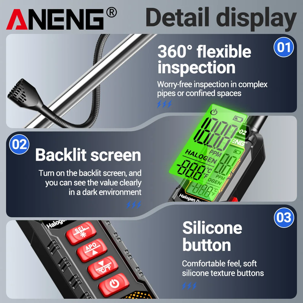 Галогенный детектор утечек R22/R32/R134a, анализатор детектора газа ANENG, перезаряжаемый бензиновый кондиционер, инструменты для тестера