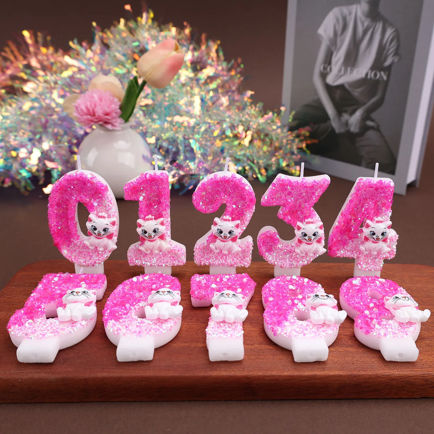 Rose-pink numbered birthday candles, bow-shaped Mary Cat decorative candles, birthday anniversary candles, party gifts
