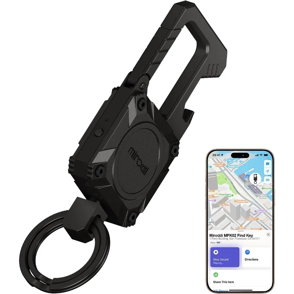 

Rechargeable Anti Lost Keychain Tracker with Carabiner Bottle Opener for iOS Find My Black