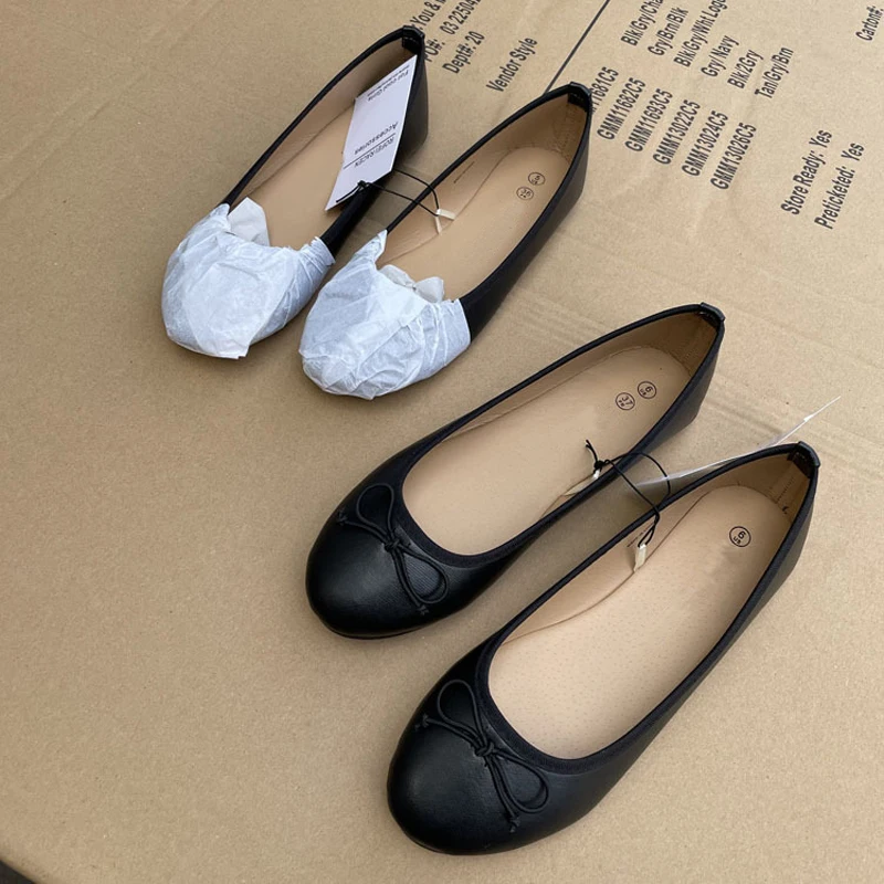 2025 Spring Elegant Bowknot Ballet Flats Classic Shoe Round Toe Comfort Slip-On Ladies Fashion Loafers Leather Mules Shoes