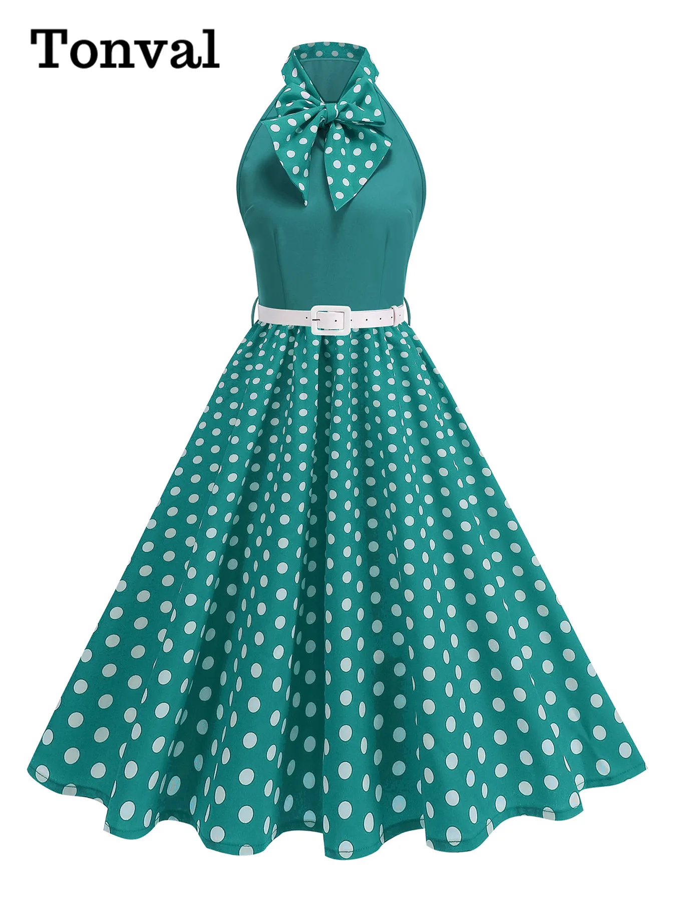 Tonval Strikhals Halter Hals Polka Dot 50s Retro Feestkleding voor Vrouwen Prom Vintage Cosplay Kerst Mouwloze Jurken