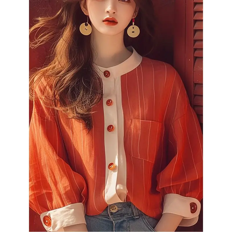 

Women Clothing Striped Long Sleeve Contrast Fashion Blouse Spring Autumn O-neck Loose All-match Vintage Shirt Tops Casual Korean