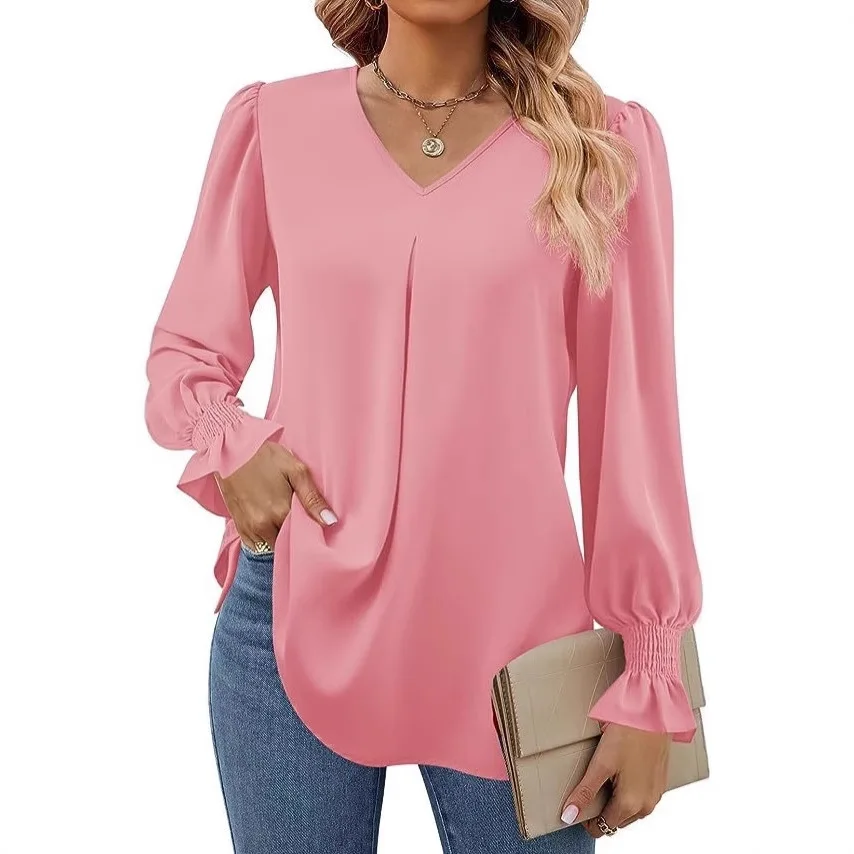 

2025 New V Neck Long Sleeve Chiffon Shirt Comfortable Casual Loose Fit Drawstring Tunic Top Summer Women Fashion