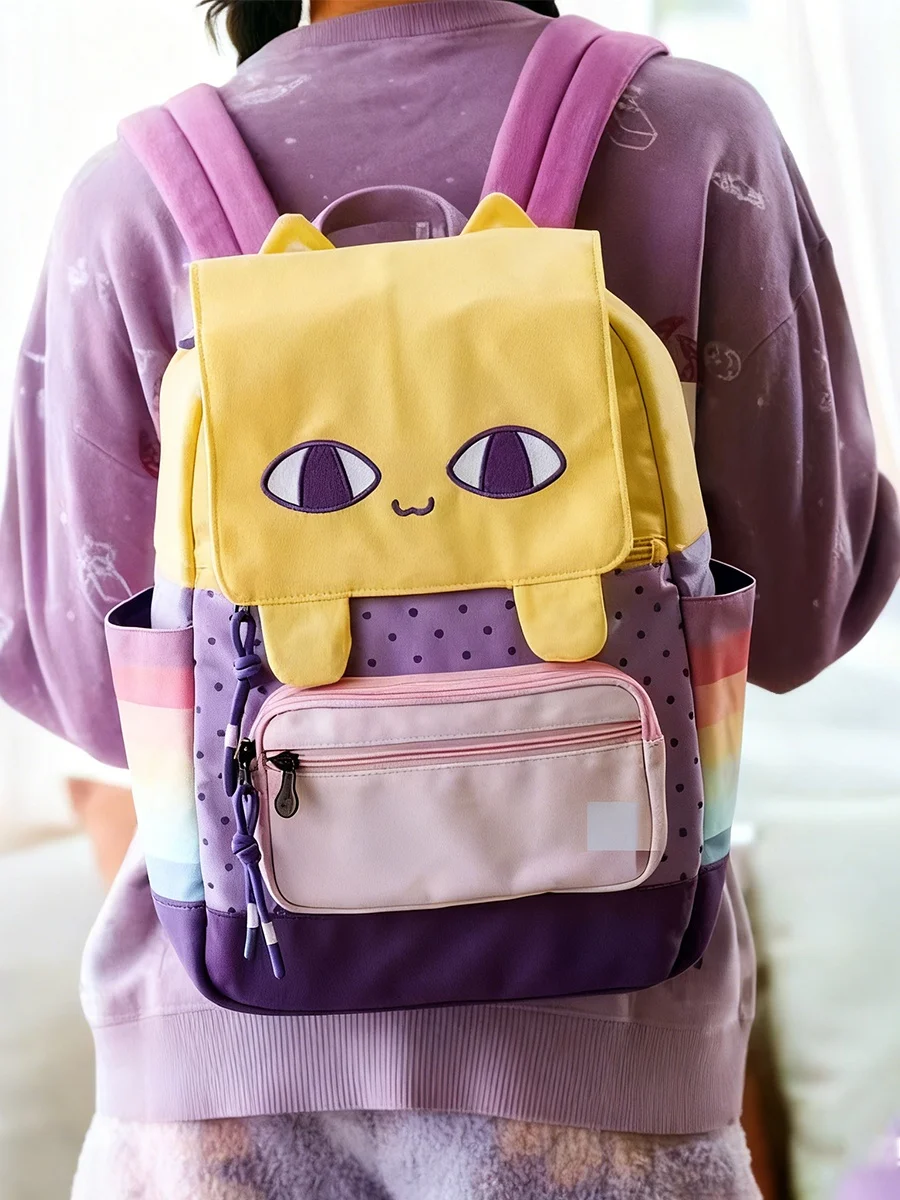 Mochila de Gato Amarelo em Estilo Cartoon, Grande Capacidade, Bolsa Estudantil, Moda Feminina, Leve e Durável, Mochila Casual...