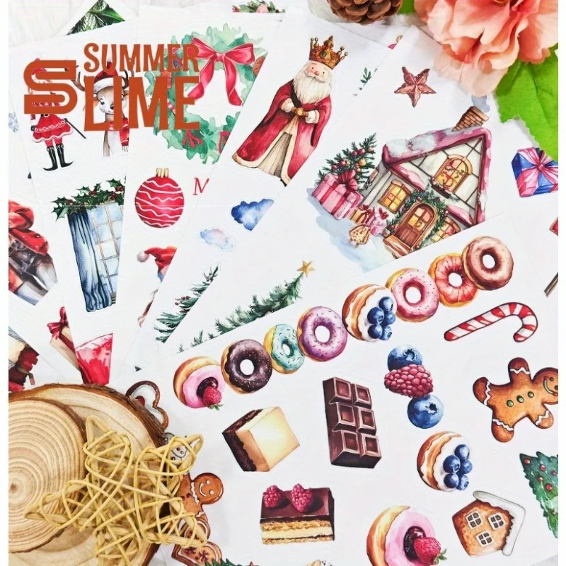 20Sheets Large Size Christmas Sticker Book Waterproof Dual-Material Washi PET Stickers Set Scrapbooking Holiday Party Decoration