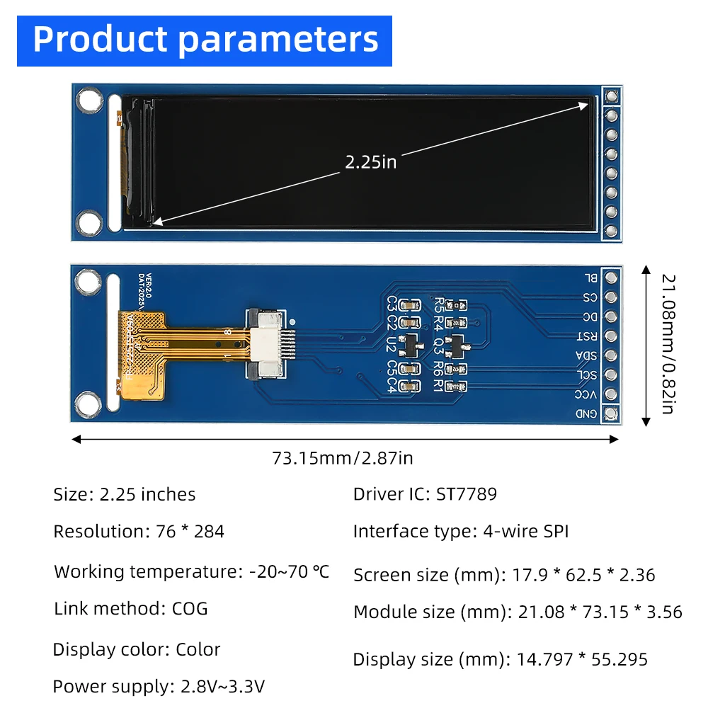 2.25 Inch TFT LCD Display Module ST7789 Driver SPI Interface 76x284 Pixels Full Angle View Color Screen