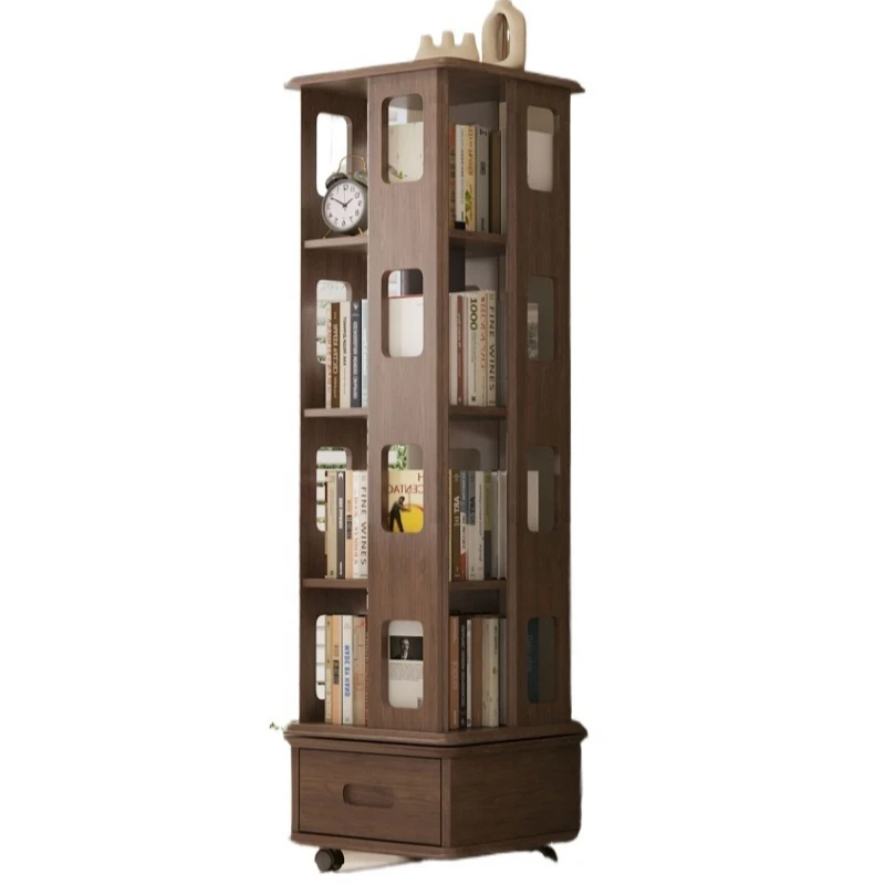 Bookshelf Shelf Floor-to-ceiling simple solid wood bookcase Household living room rotating 360 with wheel storage rack