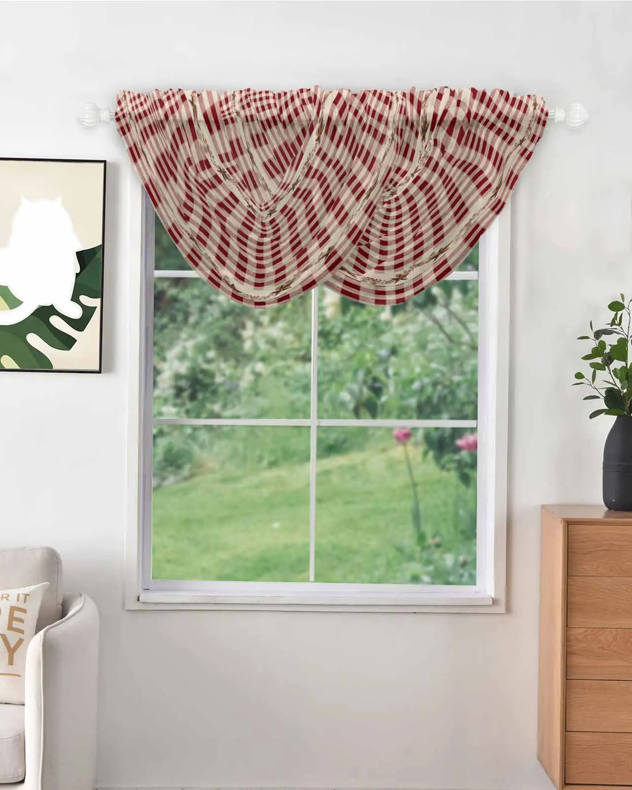 Country Style Retro Red Plaid Sheer Short Curtains for Living Room Voile Panels Kitchen Cafe Tulle Window Treatments