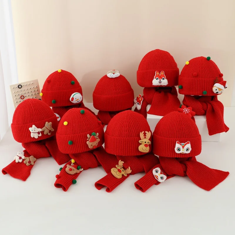 

Winter Baby Kids Wool Ball Knitted Hat Two-piece Set for Boys and Girls Clothes Children's Red Cap Scarf New Year Christmas Suit