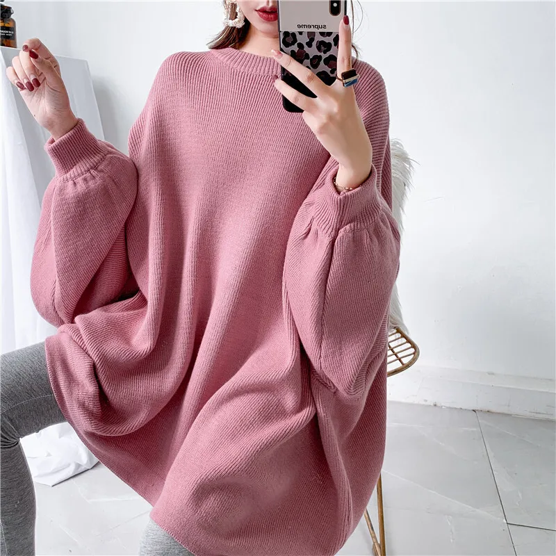 LANMREM 2024 Spring New Fashion Solid Color Round Neck Pullover Bat Sleeve  Long Knit Sweater Women PB615